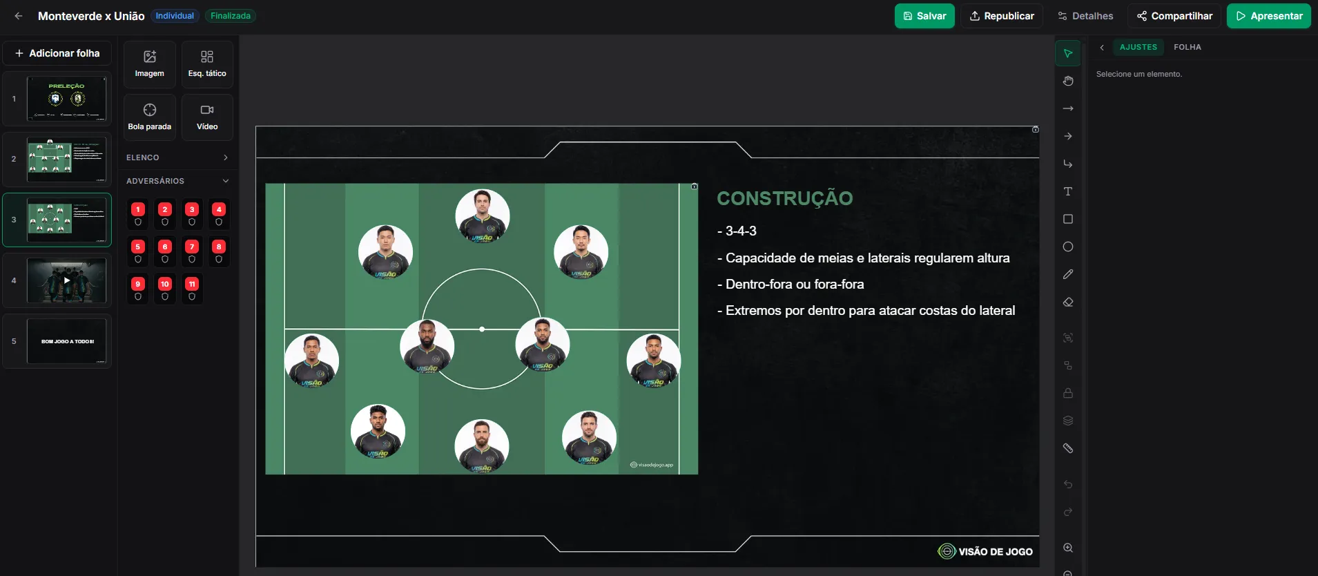 Editor de preleção do Visão de Jogo com folha de construção mostrando o esquema 3-4-3 no campo e recados curtos ao lado